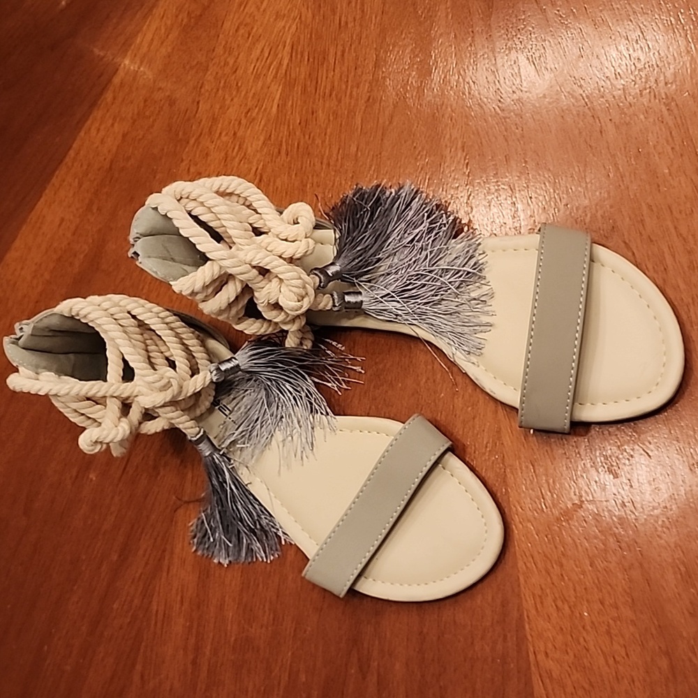 C label rope and tassel gray vegan sandals! NWOT!